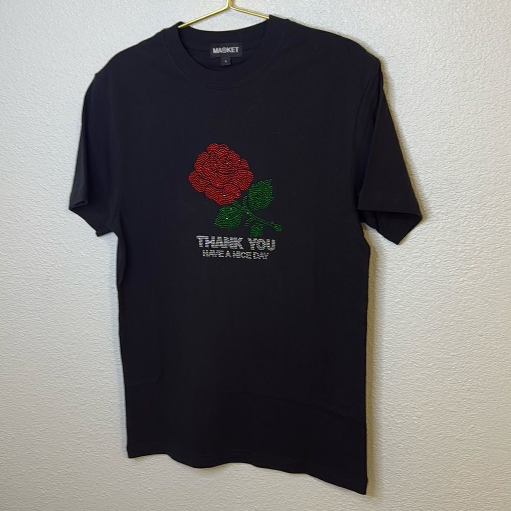 NEW- MARKET-thank you have a nice day rhinestone T-shirt- black-size small